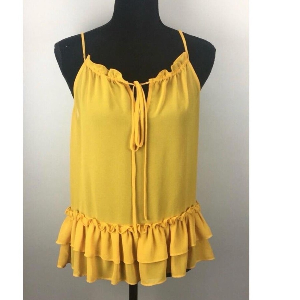 RO & DE Anthropologie Blouse Womens M Yellow Sheer Spaghetti Strap Tiered